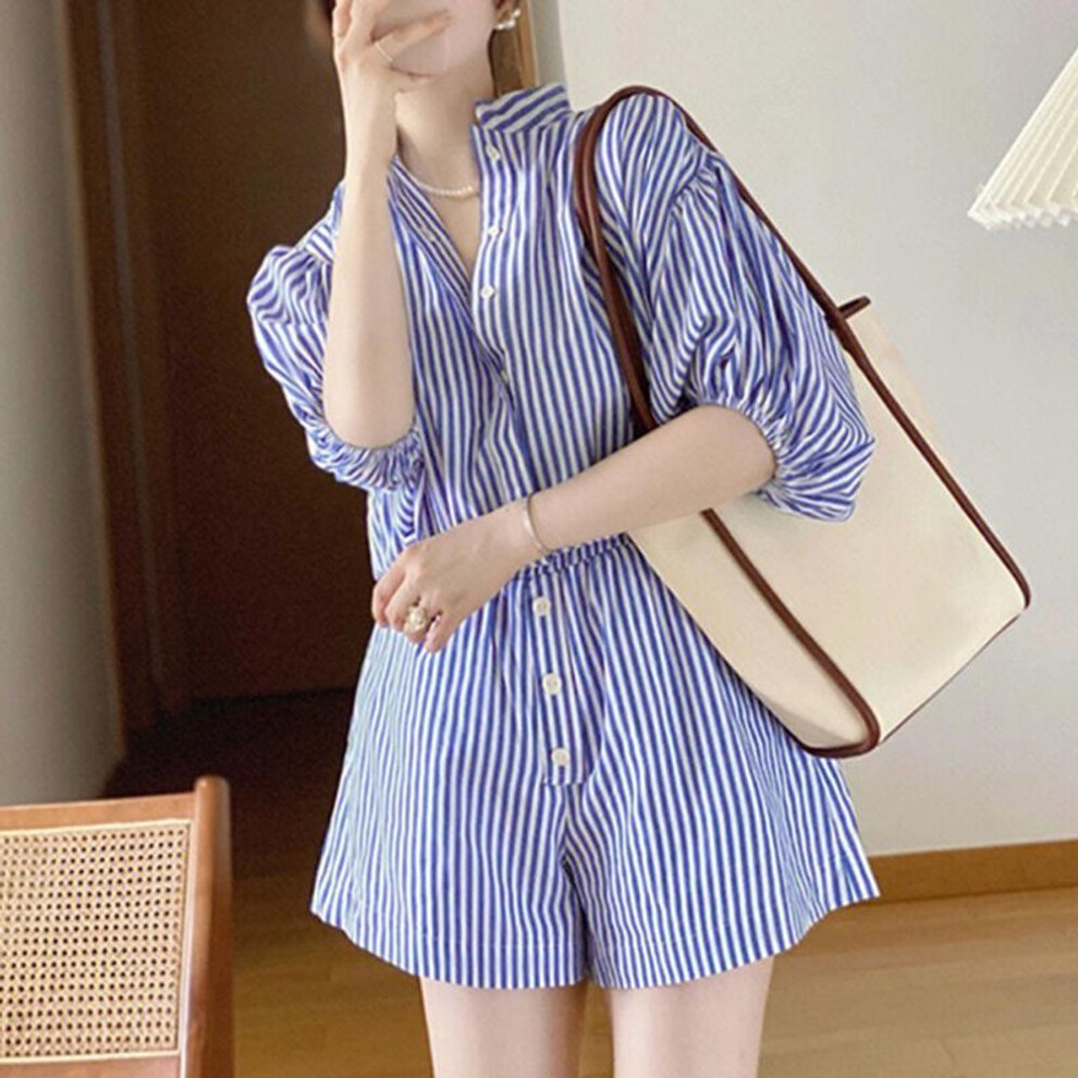 (XL, dark blue) VONDA Women Summer Shirt Collar Puff Short Sleeve Striped Jumpsuits