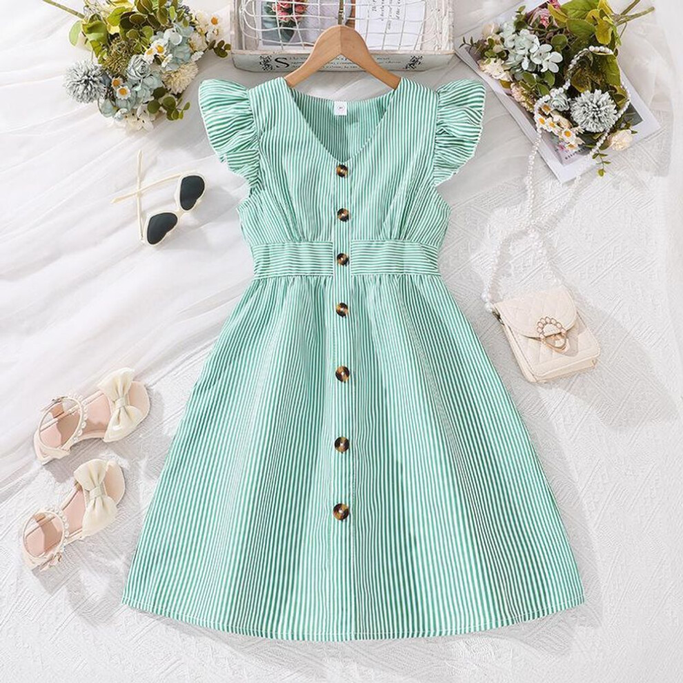 (green, 150cm/10Y) 6-12 Years Old Girls' Children's Dresses Summer Dresses New Foreign Style Fly Sleeve Striped Princess Dresses