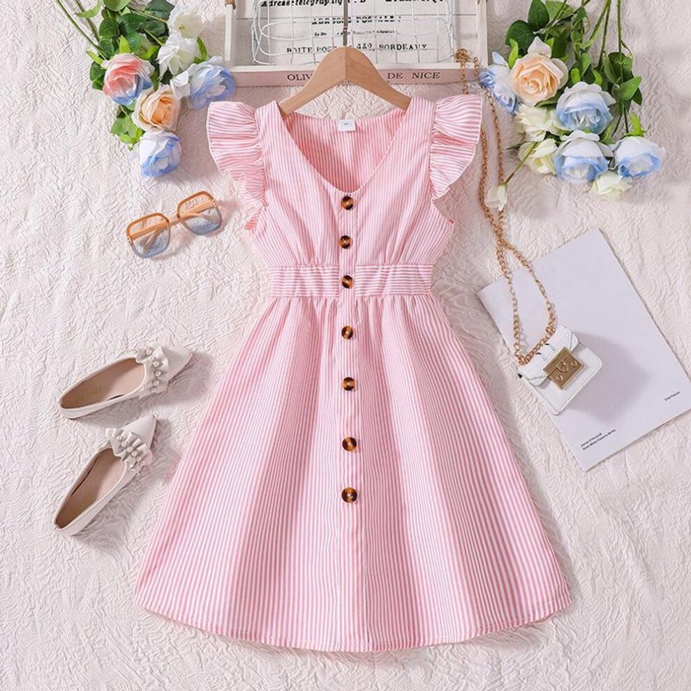 (pink, 150cm/10Y) 6-12 Years Old Girls' Children's Dresses Summer Dresses New Foreign Style Fly Sleeve Striped Princess Dresses