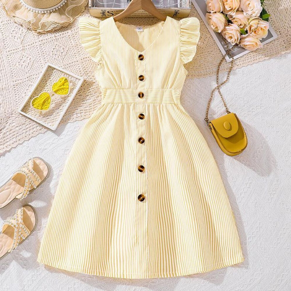 (light yellow, 160cm/11-12Y) 6-12 Years Old Girls' Children's Dresses Summer Dresses New Foreign Style Fly Sleeve Striped Princess Dresses
