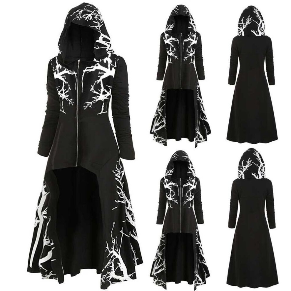 (black, L) Womens  Hooded Dress Plus Size Tree Print High Low Halloween Coat Blouse Tops
