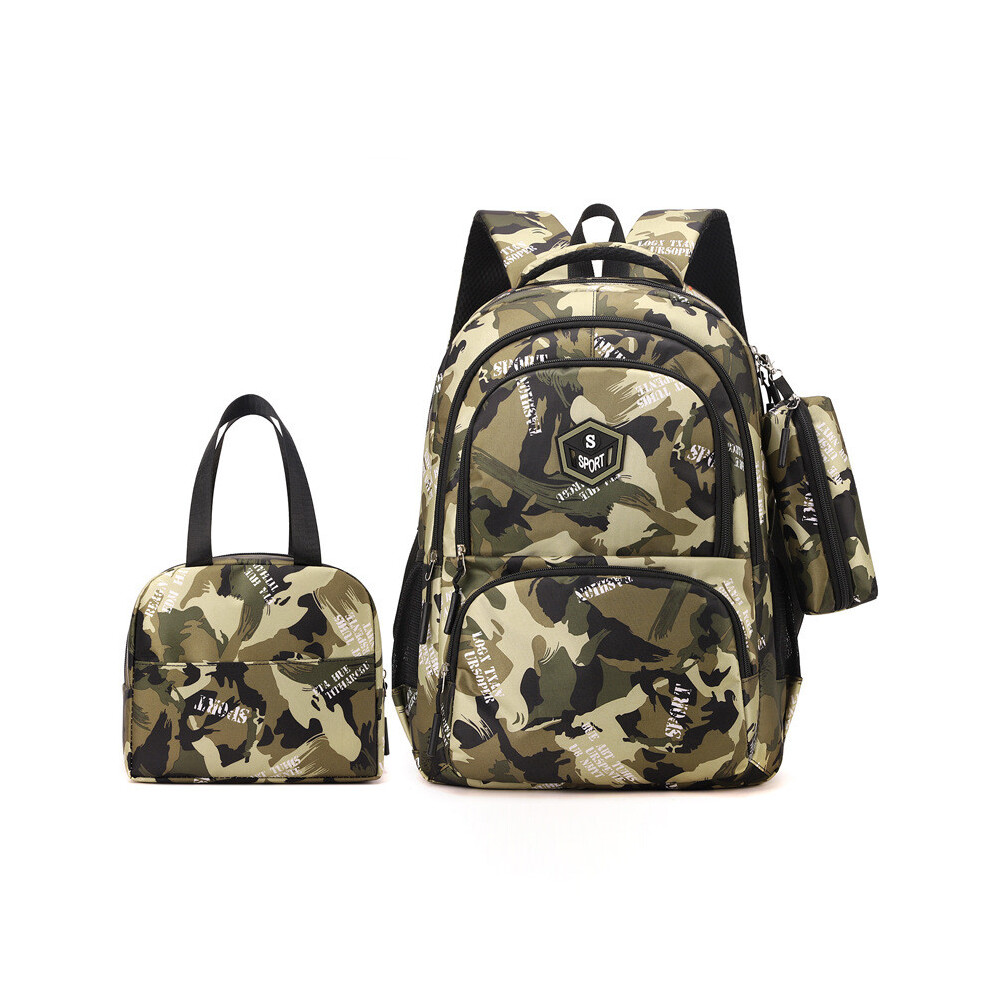 (Light Khaki) Backpack Printed Camouflage Shoulder Bag Pencil Case 3 Piece Set Schoolbag Child