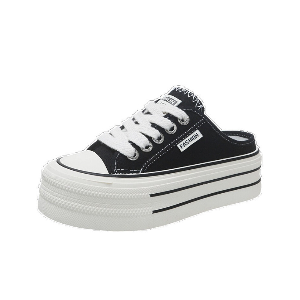 (Black, 38) Womens Semi Canvas Slipper With Thick Bottom Design For Summer Comfortable