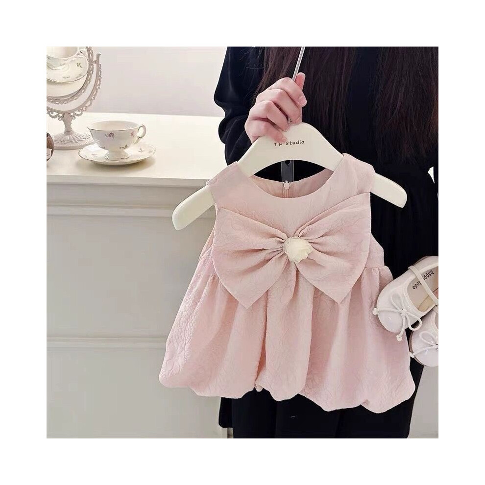 (90cm) Sweet Sleeveless Girls Dress With Pleated And Rose Bow For Summer Design-image-OPC-PHD58VF-NEW