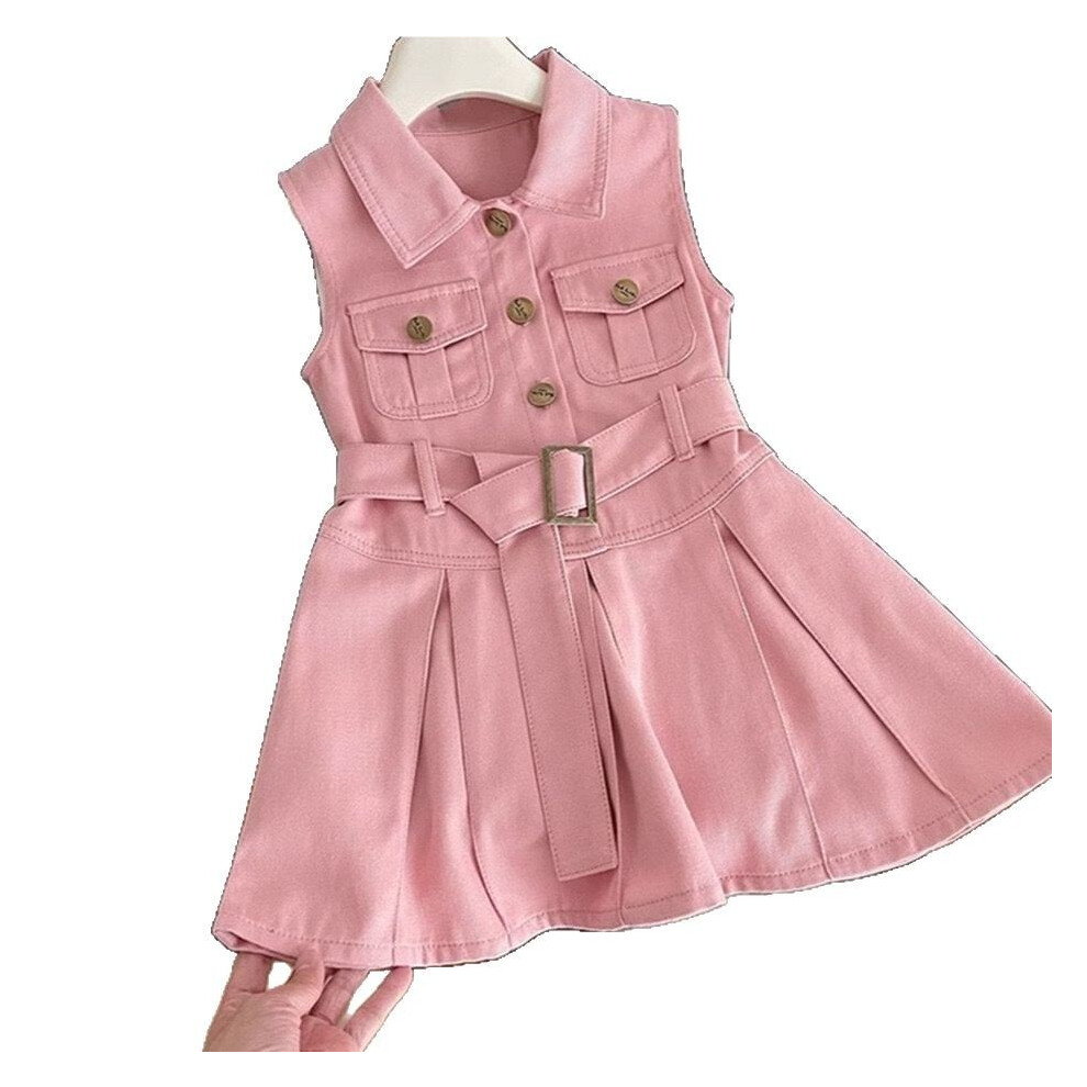 (120cm) Fashion Collar Denim Belt Sleeveless Children Summer Dress Skirt Princess Vest-image-OPC-PHD59JX-NEW