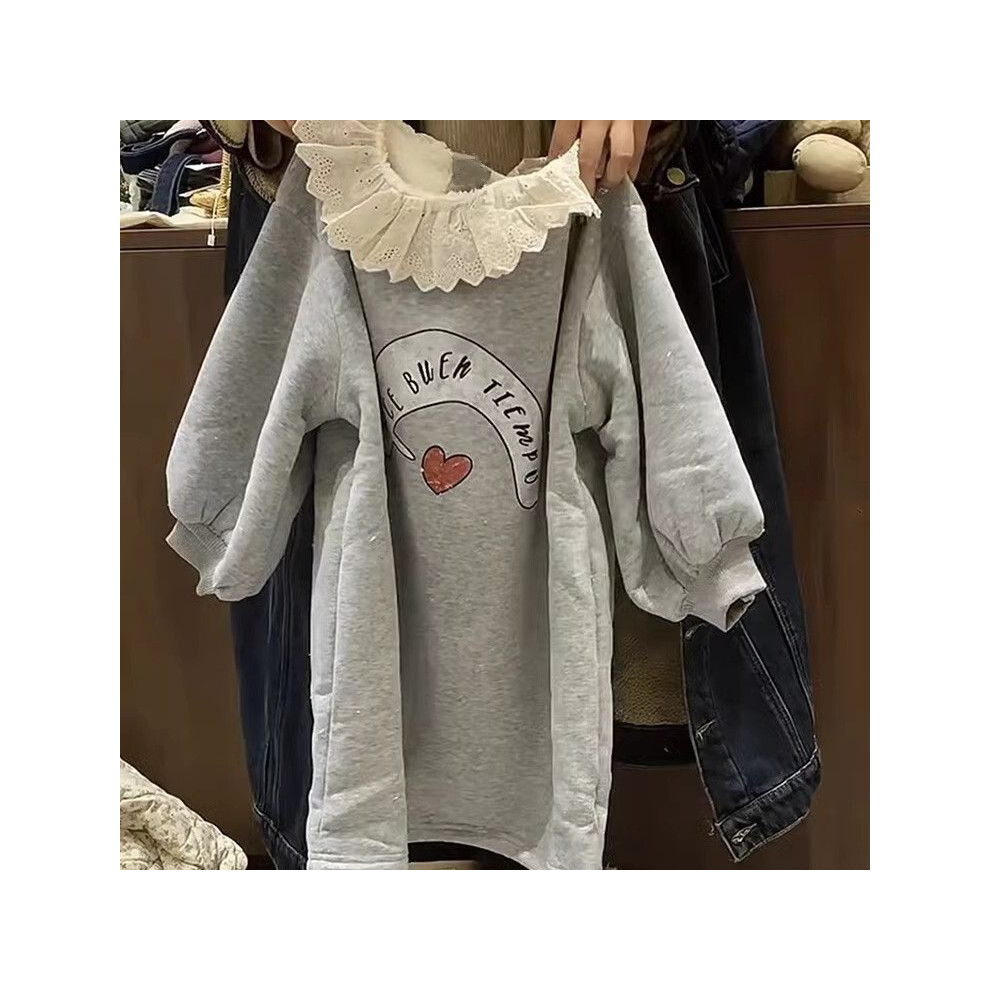(130cm) Sleeved Sweatshirt Long Dress With Lace Doll Collar Letter Print Design Heart-image-OPC-PHD5BJM-NEW