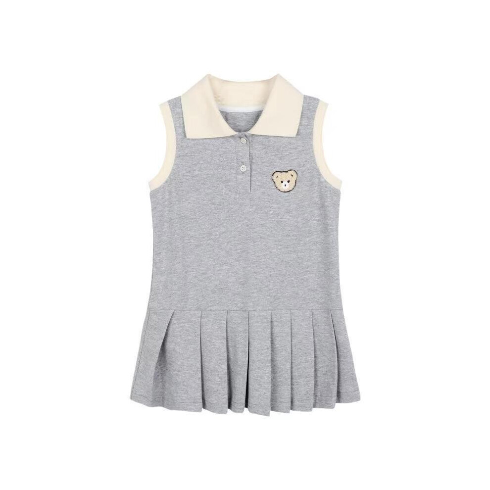 (Gray, 110cm) Cartoon Pattern Bear Lapel Sleeveless Pleated Skirt For Dress Summer Children-image-OPC-PHD5BQV-NEW