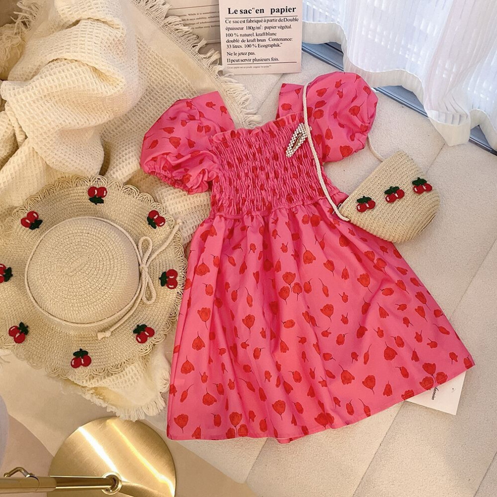 (90cm) Dress Sleeve Bubble With Pleated And Floral Print Design Summer For Girl-image-OPC-PHD5BXB-NEW