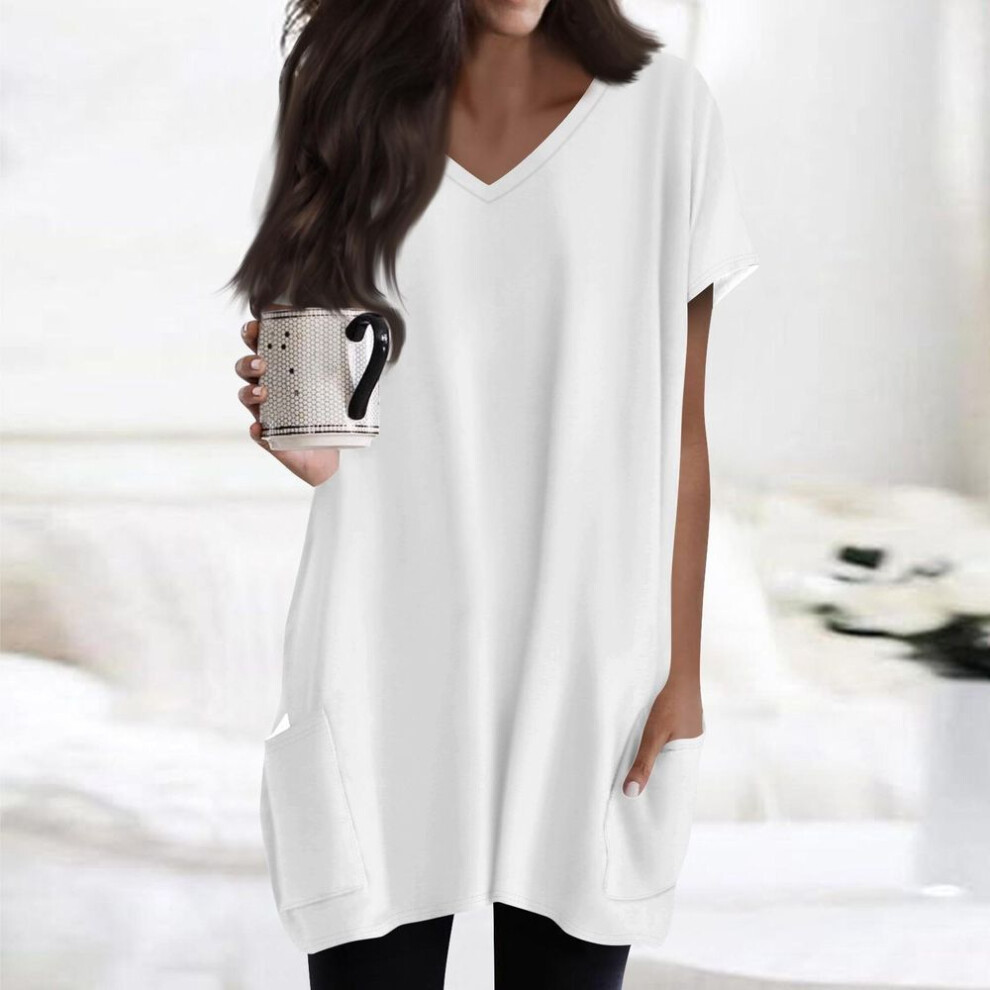 (M, white) Womens Tops V-neck Short Sleeve Blouses Casual Mid-length Shirts Fashion Print Tunic Tops With Pockets