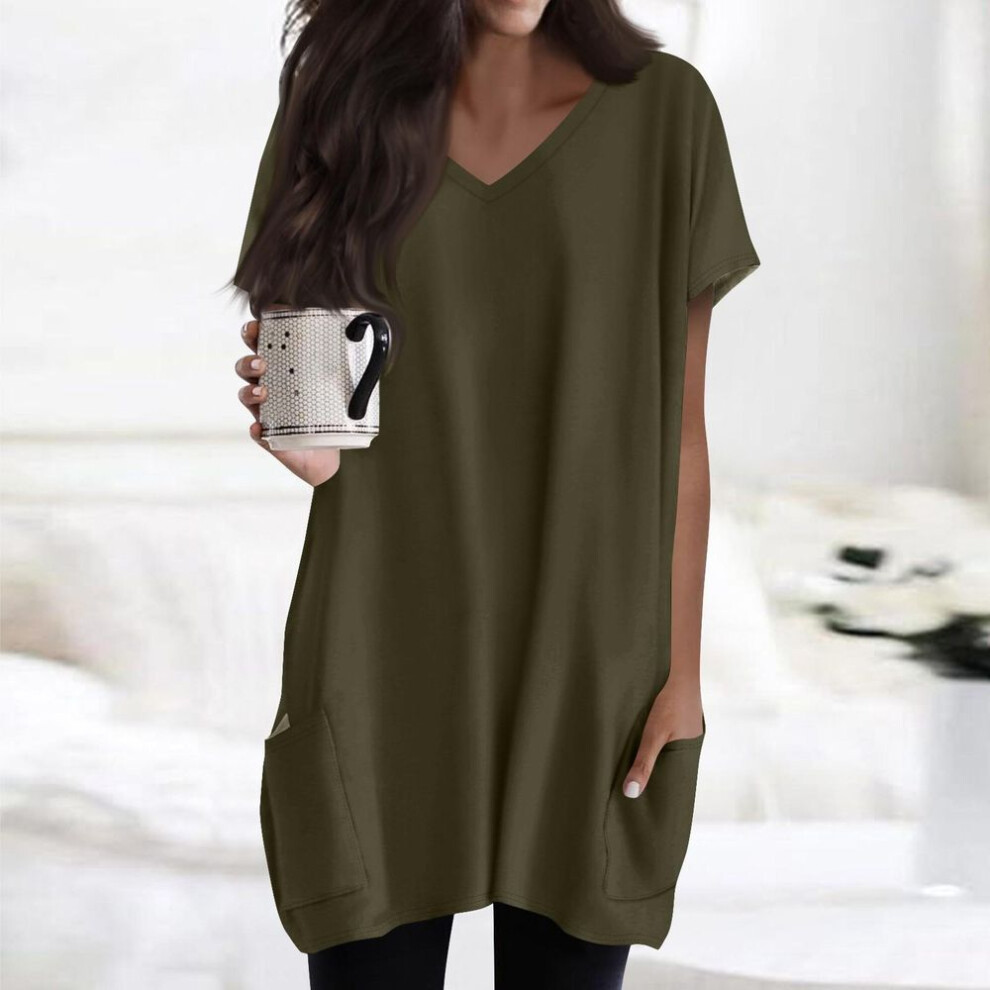 (L, army green) Womens Tops V-neck Short Sleeve Blouses Casual Mid-length Shirts Fashion Print Tunic Tops With Pockets