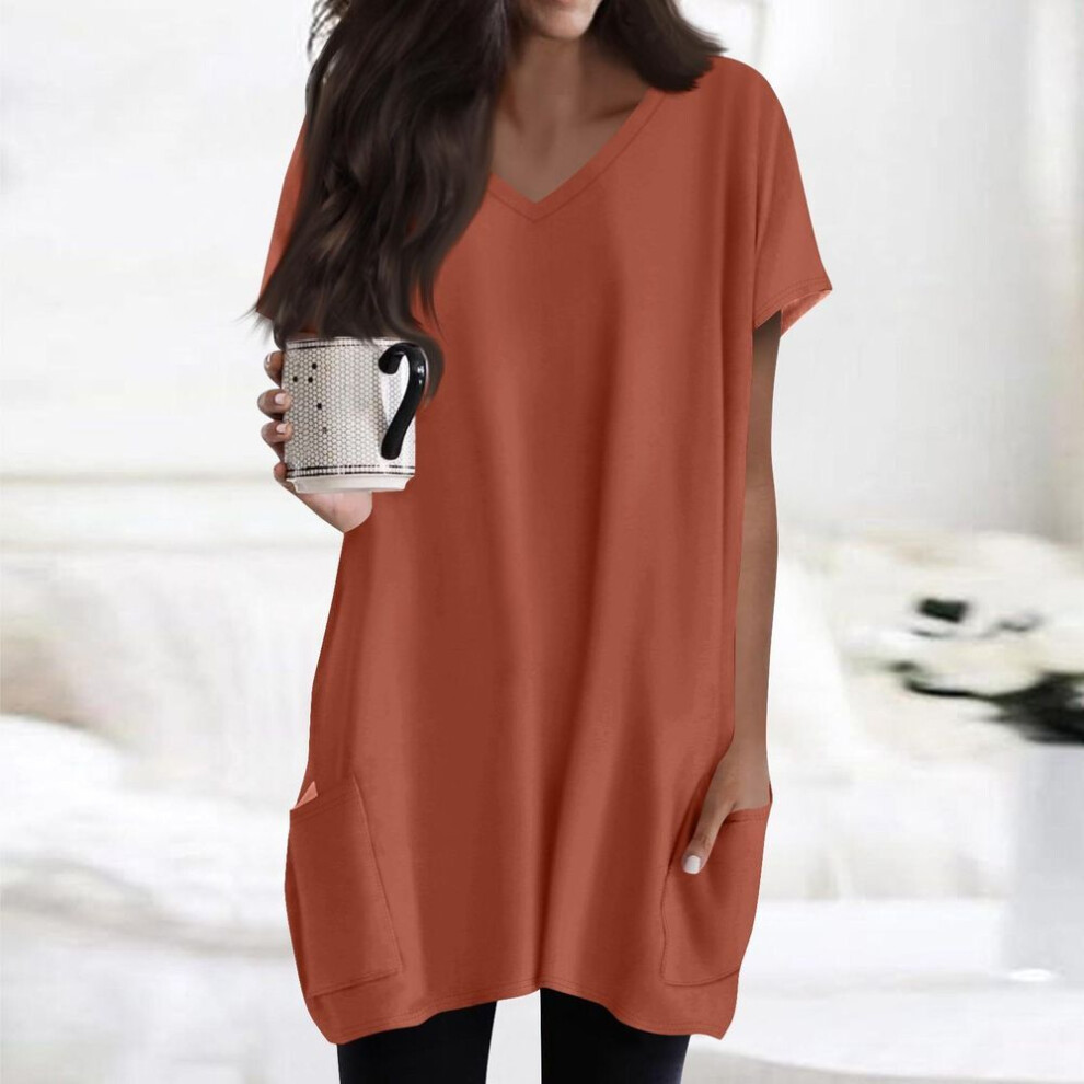 (M, orange) Womens Tops V-neck Short Sleeve Blouses Casual Mid-length Shirts Fashion Print Tunic Tops With Pockets