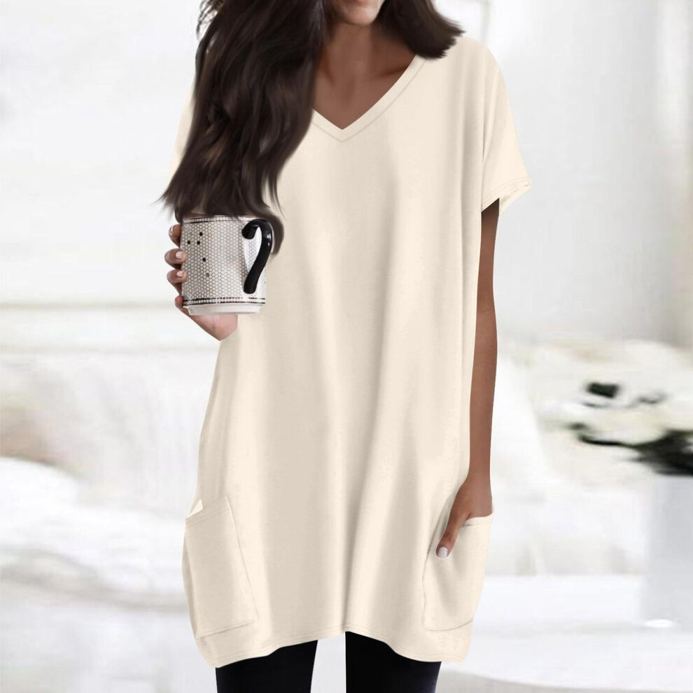 (XXXL, beige) Womens Tops V-neck Short Sleeve Blouses Casual Mid-length Shirts Fashion Print Tunic Tops With Pockets