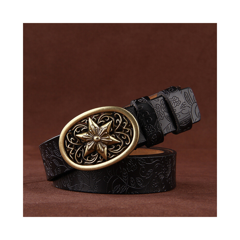 (Black, 110cm) Genuine Womens Leather Belt Vintage Alloy Buckle Casual Wear Clothes Decoration-image-OPC-PHD5F2F-NEW