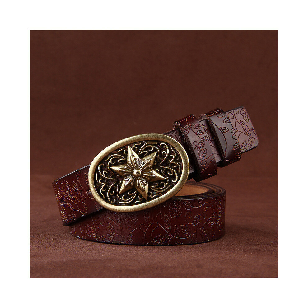 (Dark Brown, 100cm) Genuine Womens Leather Belt Vintage Alloy Buckle Casual Wear Clothes Decoration-image-OPC-PHD5F2J-NEW