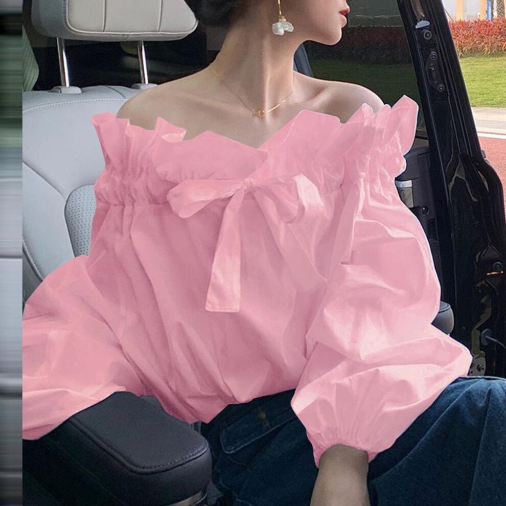 (M, pink) VONDA Women Fashion Ruffle Off Shoulder Tie Long Sleeve Blouses