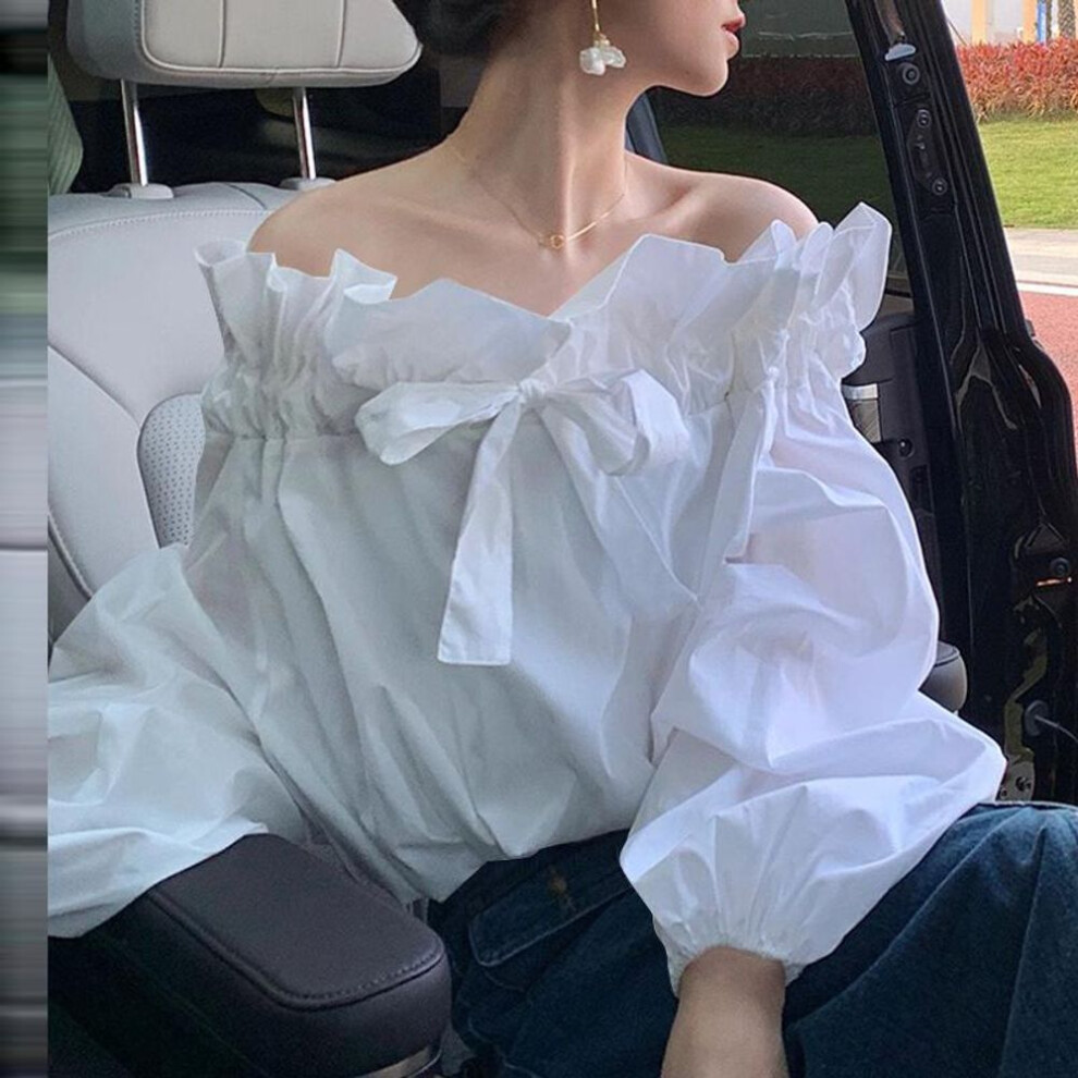 (S, white) Vonda Women Fashion Ruffle Off Shoulder Tie Long Sleeve Blouses