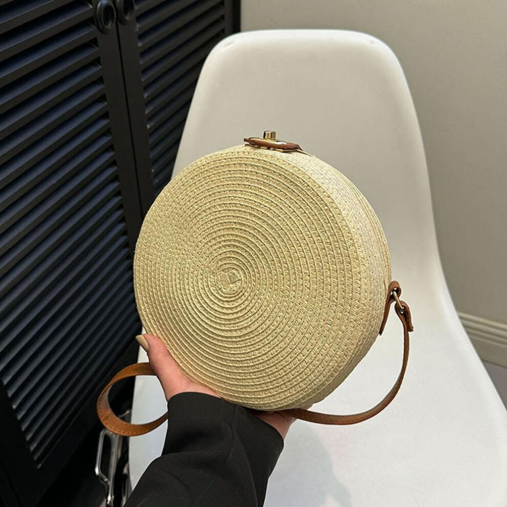 (beige, 16x7x22cm) Yogodlns Women Round Rattan Weaving Bag Handmade Cotton Rope Knitting Crossbody Bag Summer Circular Woven Shoulder Bag Vintage Beach Bag