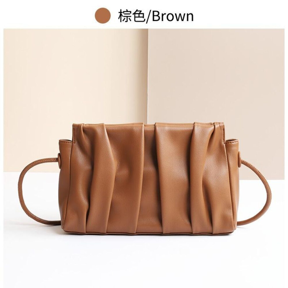 (brown) Genuine Leather Pleated Soft Cloud Bag Women's Crossbody Dumpling Bag Popular Shoulder Bag for Women