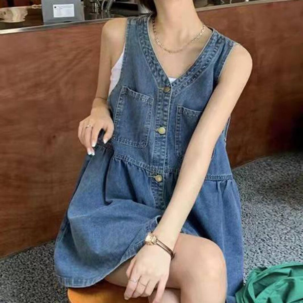 (blue, S) Sleeveless Strap Dress Women Summer Single-Breasted Pockets Denim Dresses Woman Loose A Line Mini Dress