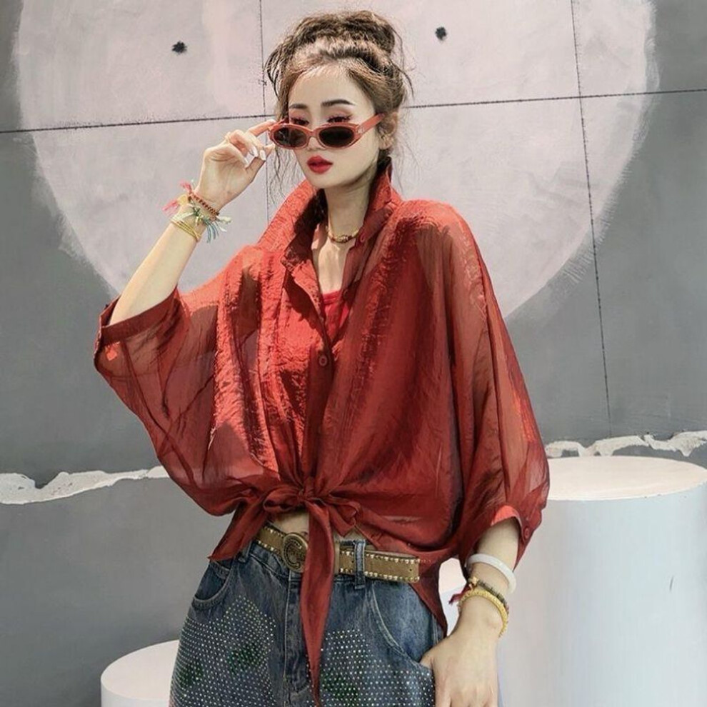 (S, red) Women's Fashion Sunscreen Clothing Summer Thin Blouses Loose Solid All-match 3/4 Sleeve Shirts