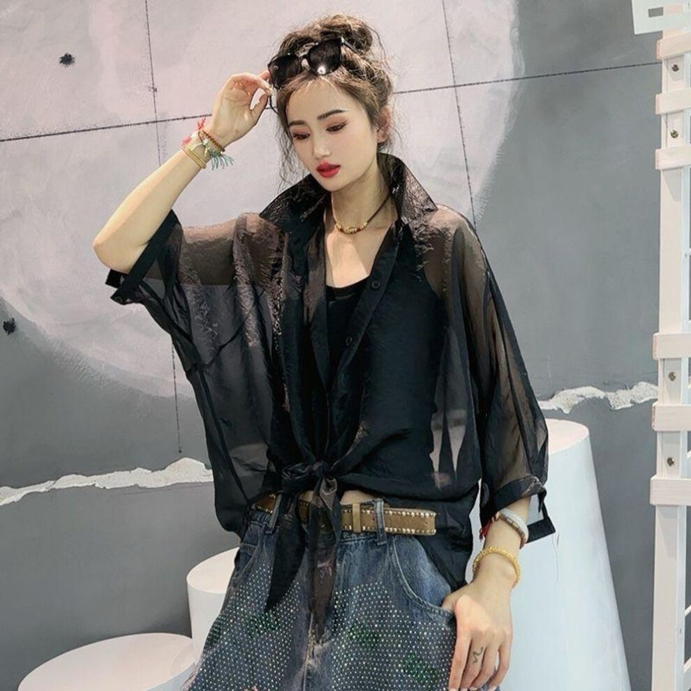 (S, black) Women's Fashion Sunscreen Clothing Summer Thin Blouses Loose Solid All-match 3/4 Sleeve Shirts