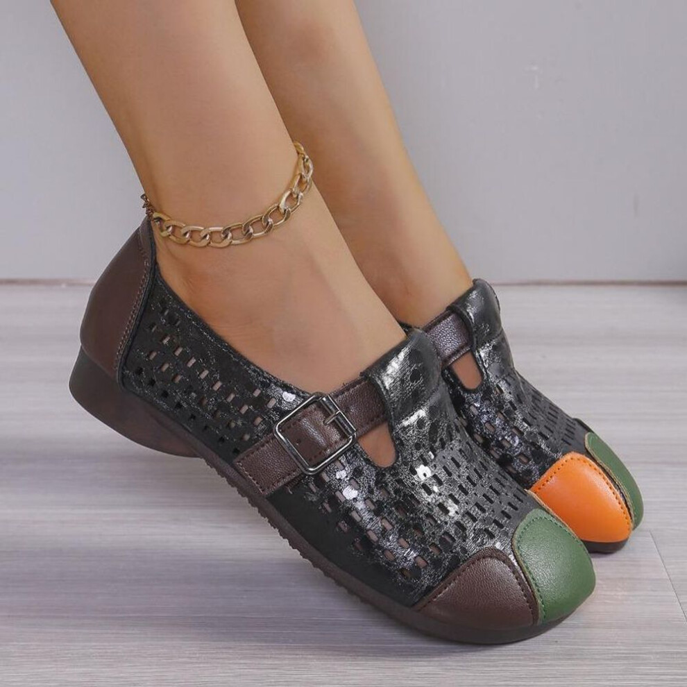 (black, 40) Large Size Cow Tendon Middle-aged Mom Shoes Women Hollowed Out Flat Bottom Comfortable Casual Single Shoes Women