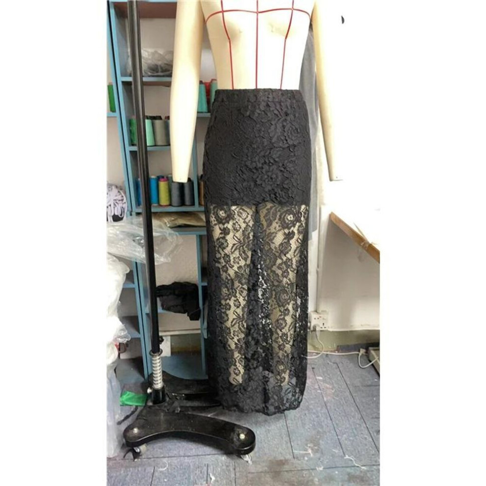(S, black) Women Lace Patchwork Long Skirts Vintage High Waist Solid Color See-Through Maxi Skirts Slim Skirts Elegant Temperament Skirts