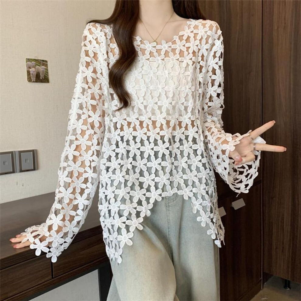 (One Size, beige) DIMANAF 2025 New Summer Women Bat Hollow out T-Shirt Basic Lace Fashion Tops Lace Tees Casual Loose Tees