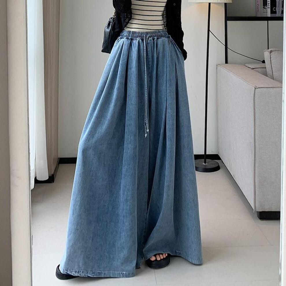 (blue, L) Spring and Autumn Loose Plus Size Elastic waist Lantern Jeans Women's Wide-leg Slimming Mopping Pants Women's Simple Pants