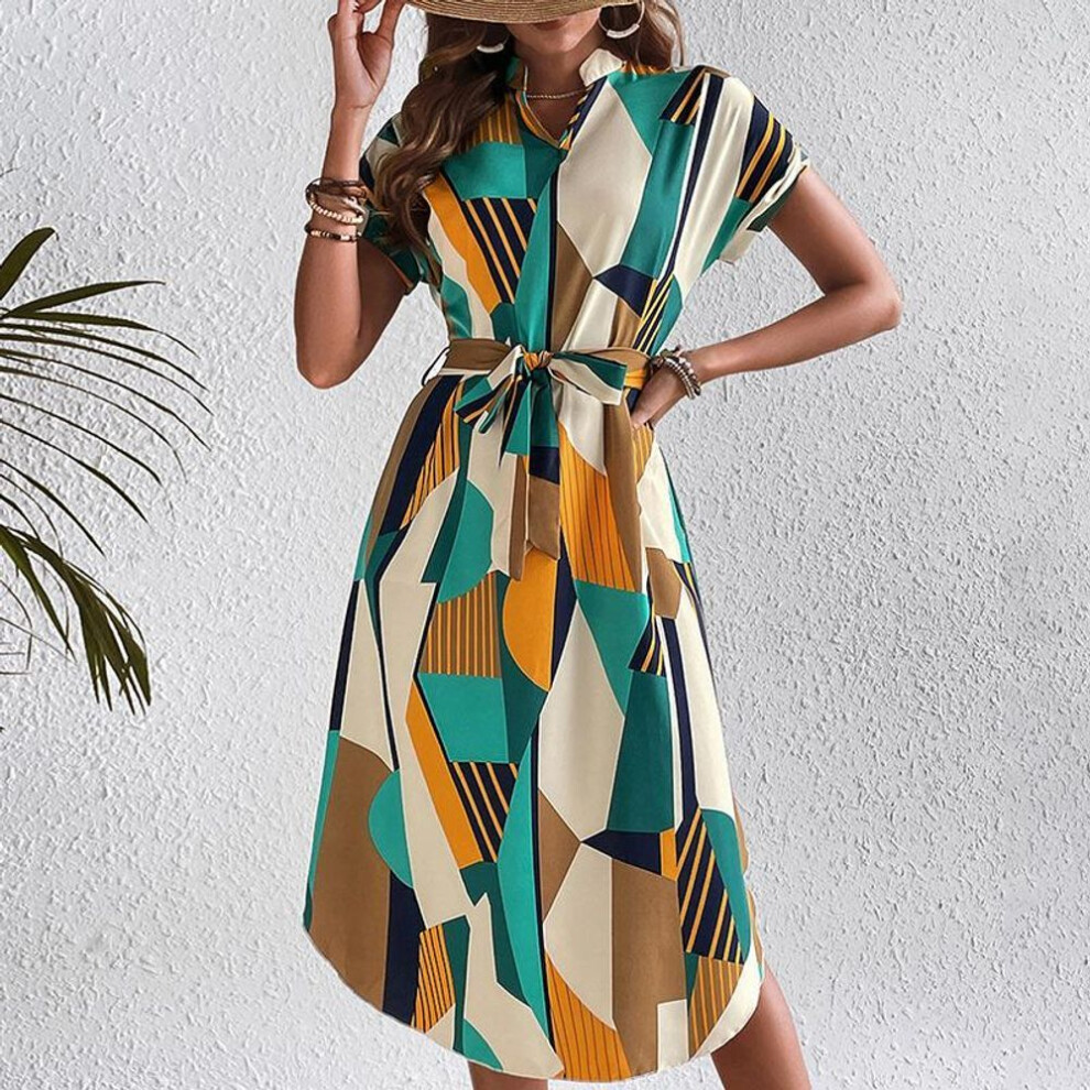 (as the picture, XL) GMXIA Women's Spring/Summer Resort Style Colour Block Dresses Tie Belt Short Sleeve Midi Dresses