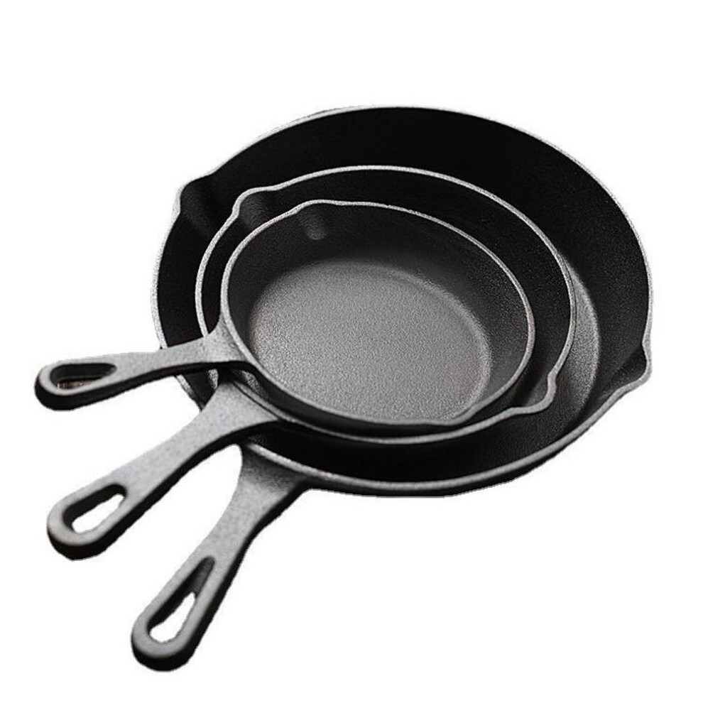 (as the picture, Three piece set) Old-Fashioned Cast Iron Flat-Bottom Mini Frying Pan - Thick, Non-Stick, Suitable for Steak, Gas, and Induction Cookers