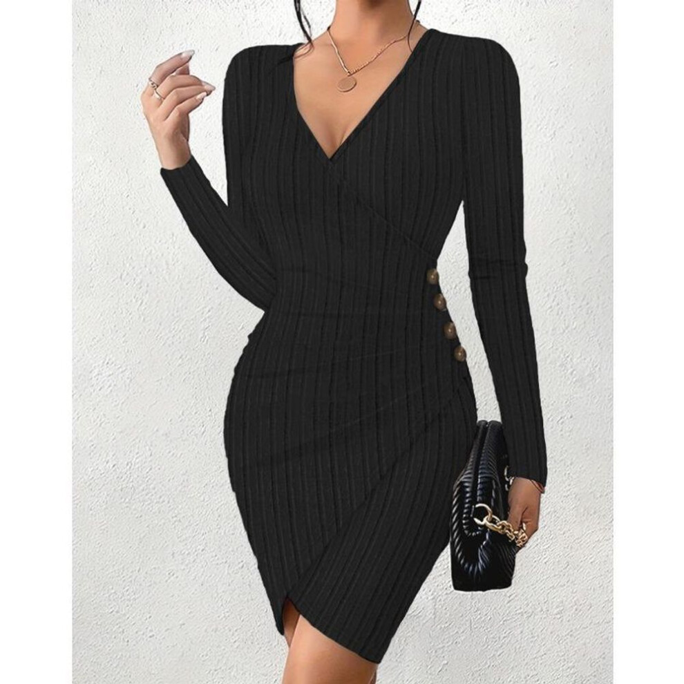 (black, XL) Autumn Winter Solid Color V-neck Tight Fitting Hip Hugging Sexy Long Sleeved Dress for Women Casual Dresses