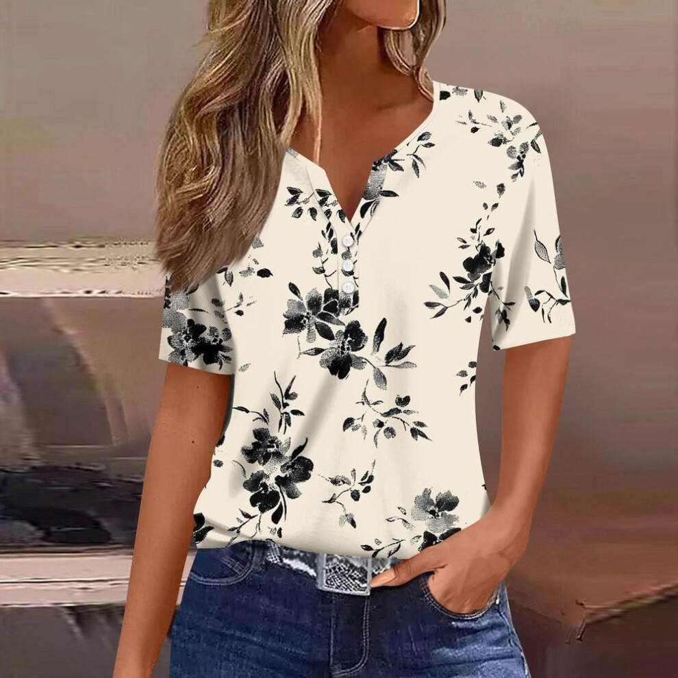 (XXL, beige) Women's Fashion Casual Short Sleeve Floral Print Top
