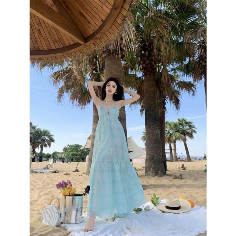 (blue, S) Women's Summer Hanging Neck Halter Seaside Holiday Sweet Loose Long Dresses