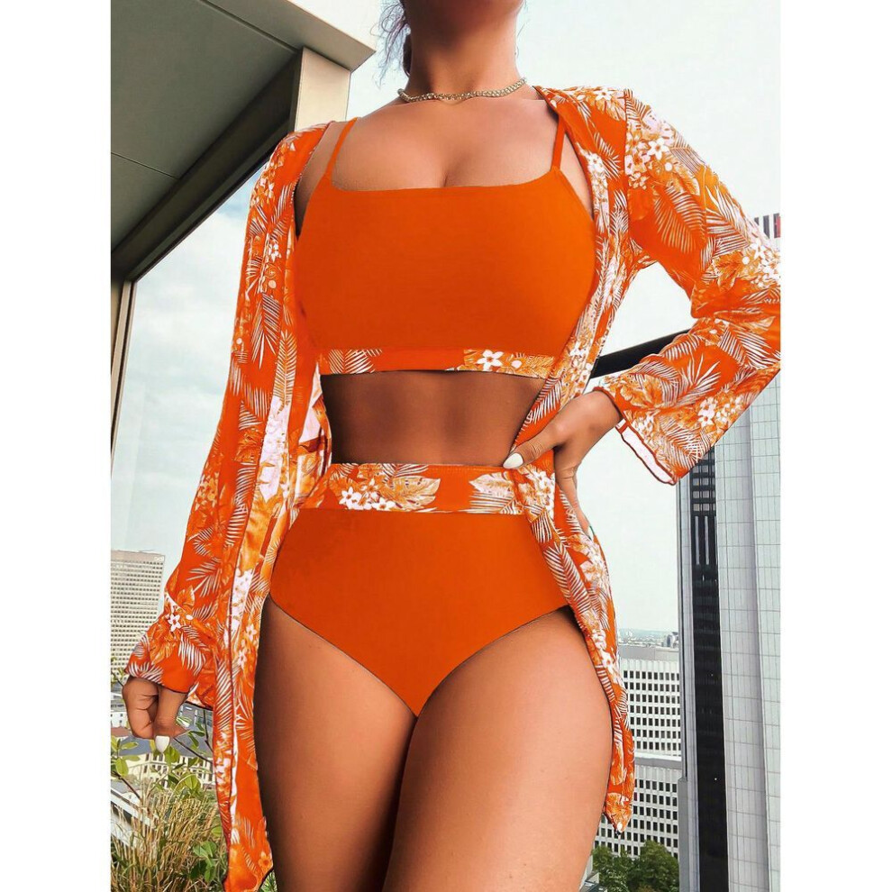 (M, orange) Women Swimsuit High Waist Bikini Set Three Pieces Set Bikini Women Sexy Cover Up Beach Bathing Suits Swimwear