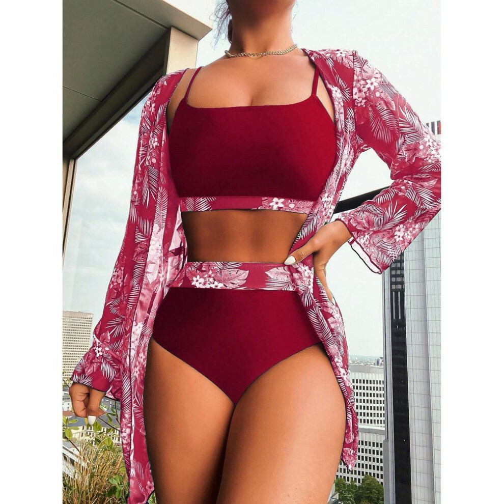 (S, burgundy) Women Swimsuit High Waist Bikini Set Three Pieces Set Bikini Women Sexy Cover Up Beach Bathing Suits Swimwear
