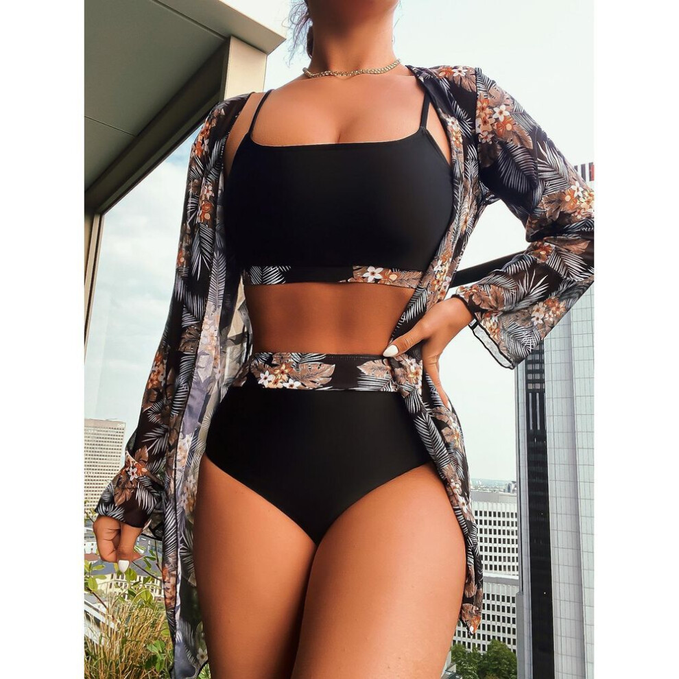 (M, brown) Women Swimsuit High Waist Bikini Set Three Pieces Set Bikini Women Sexy Cover Up Beach Bathing Suits Swimwear