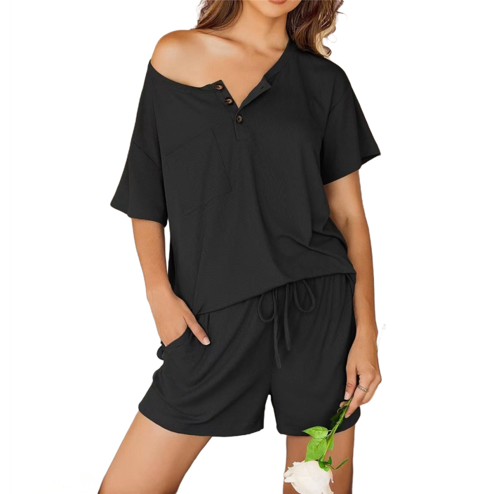 Ensemble pyjama 2 pièces pour femme, en tricot côtelé, manches courtes, doux, vêtements de nuit, détente d'été, noir, taille L