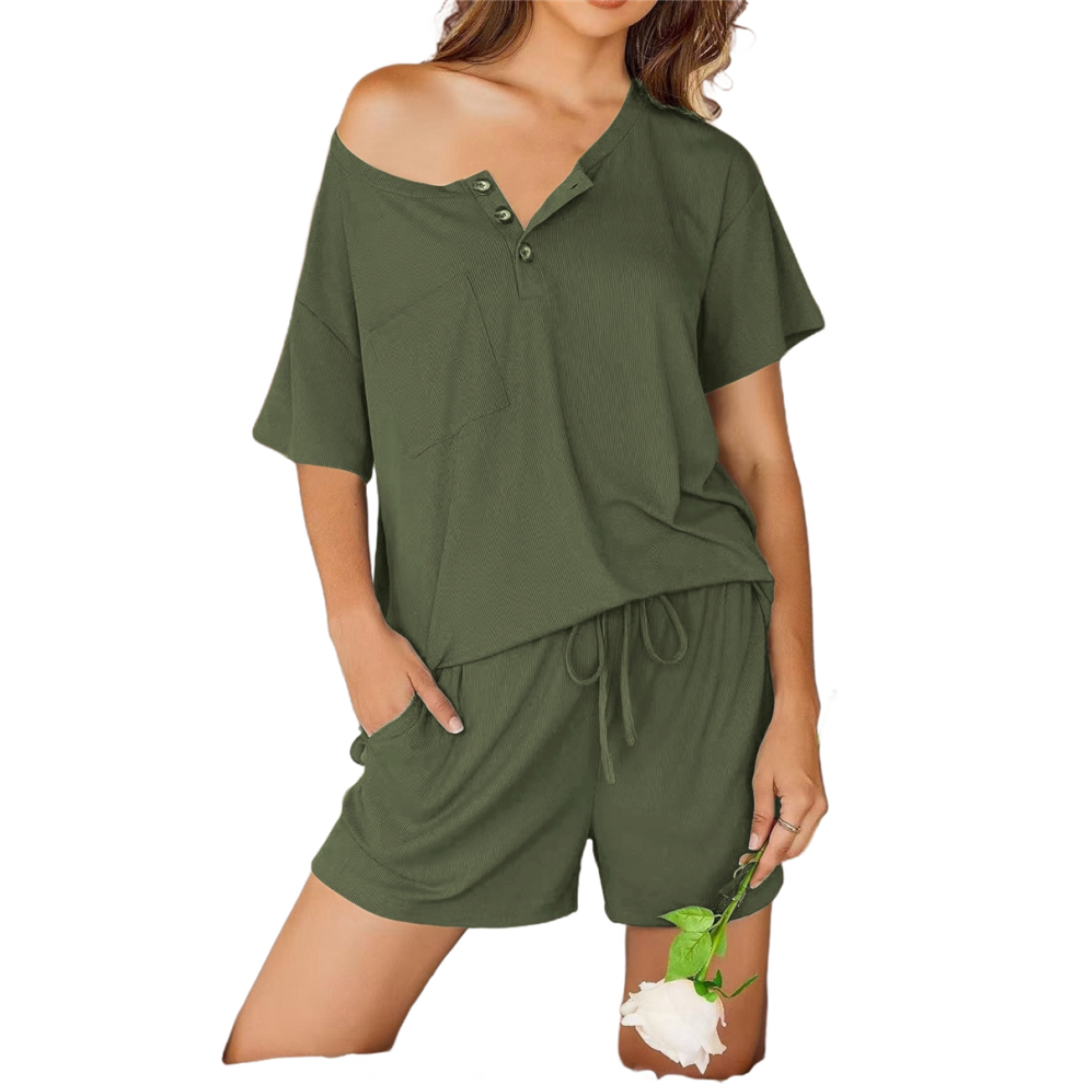 Ensemble pyjama 2 pièces pour femme, en tricot côtelé, manches courtes, doux, vêtements de nuit, détente d'été, vert, taille S