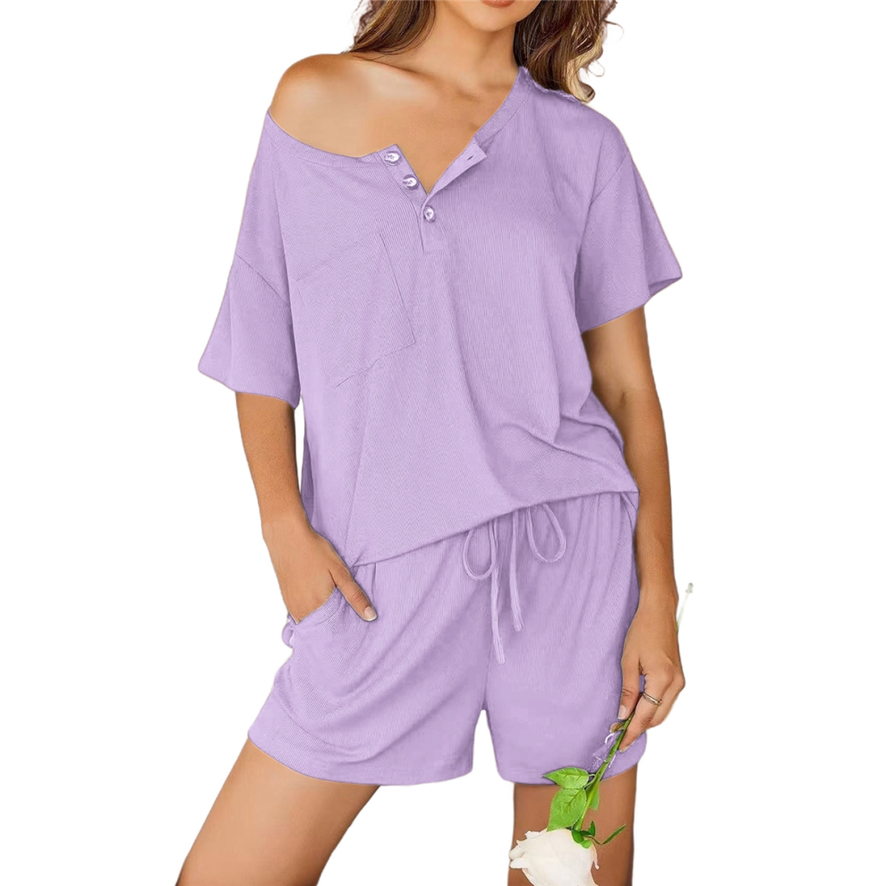 Pyjama 2 pièces en tricot côtelé pour femme, manches courtes, doux, vêtements de nuit, détente d'été, léger, XL
