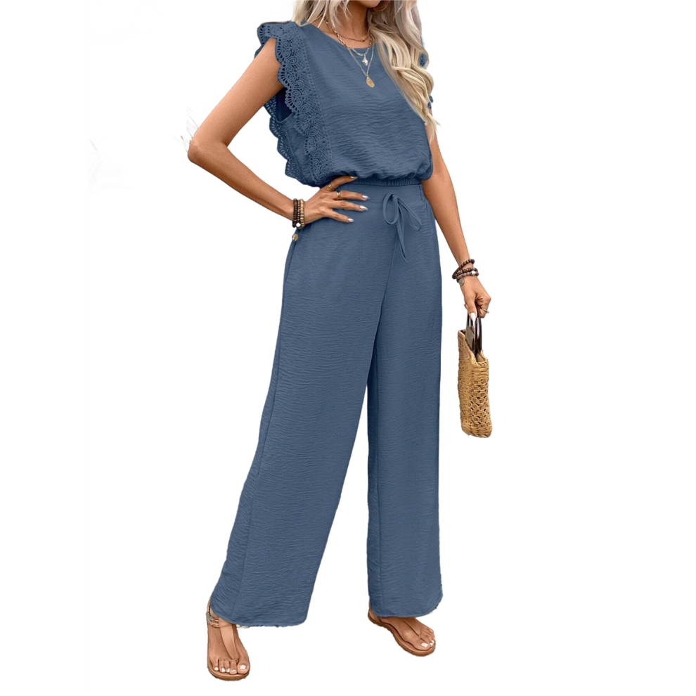 Jumpsuits for Women 2025 Summer Ruffle Sleeves Square Neck Rompers Drawstring Overalls with Pockets Royal Blue XL-image-OPC-PHD5VFY-NEW