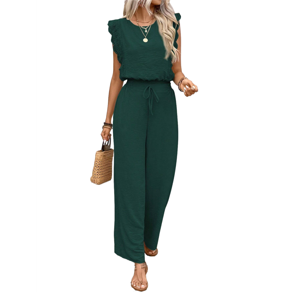 Jumpsuits for Women 2025 Summer Ruffle Sleeves Square Neck Rompers Drawstring Overalls with Pockets Green L-image-OPC-PHD5VGN-NEW
