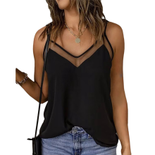 Tanktop voor dames met V-hals, elegant, zwierig zomerblouse, losse pasvorm, spaghettibandjes, shirt, zwart, maat XL