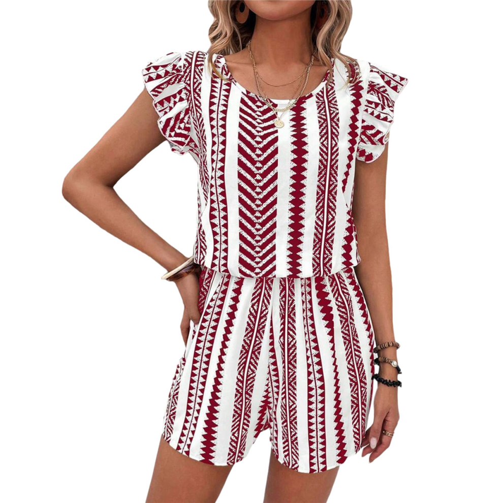 Women'S Romper Tropical Flutter Sleeve Boho Overall Crew Neck Wide Leg Outfit Casual Beach Red Bars XL-image-OPC-PHD5VNW-NEW