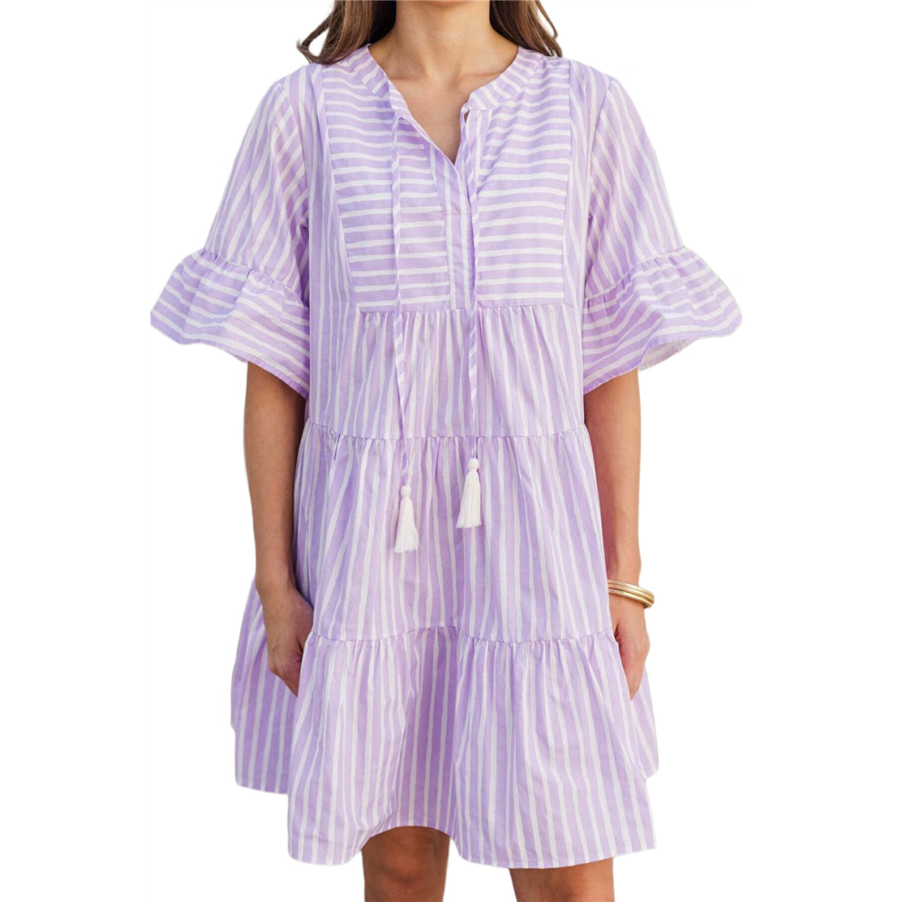 Robe chemise décontractée à manches cloche et volants pour femme, rayures, taille légère, S