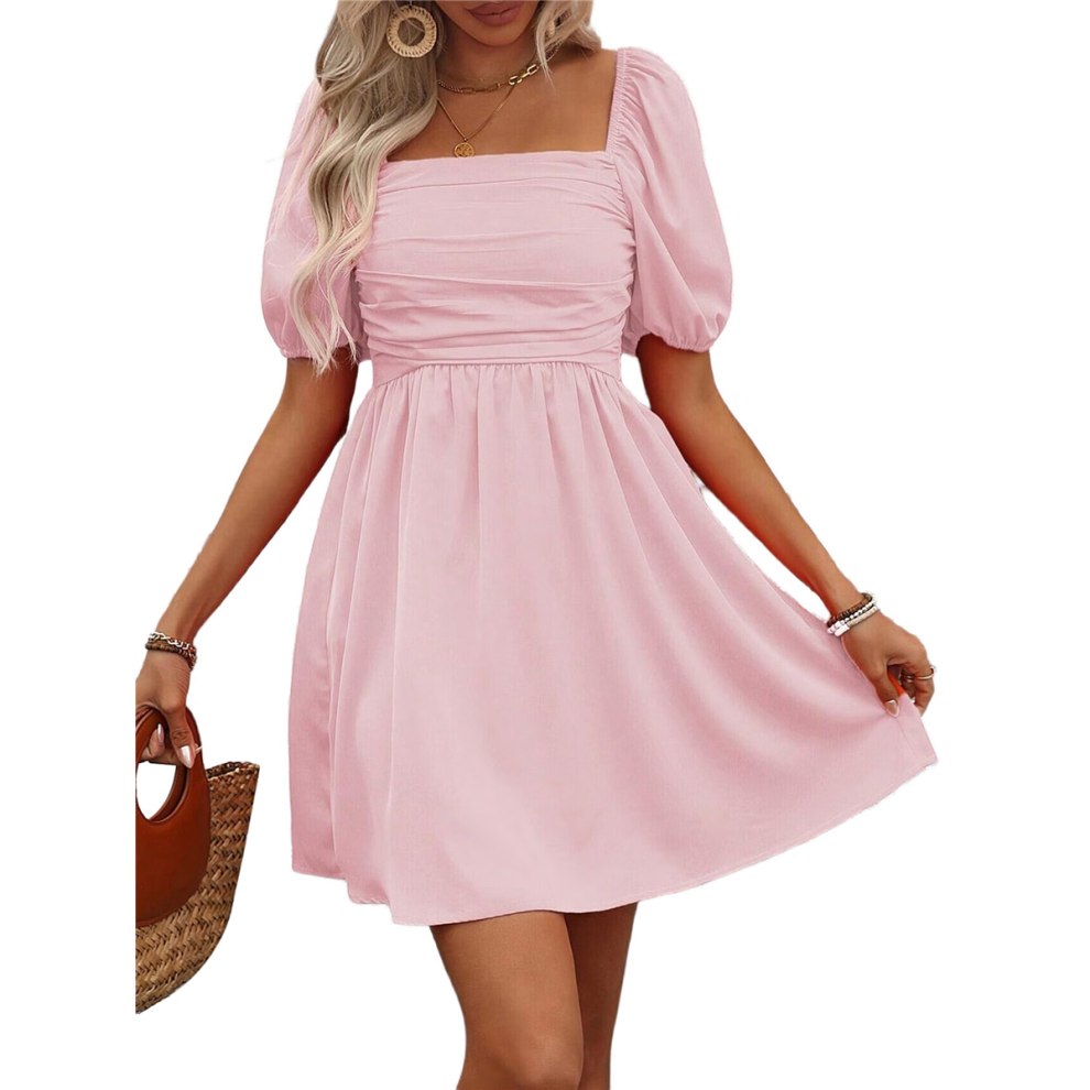 Women'S Puff Short Sleeve Boho Dress Square Neck Summer A Line Dresses Pink XL-image-OPC-PHD5VYJ-NEW
