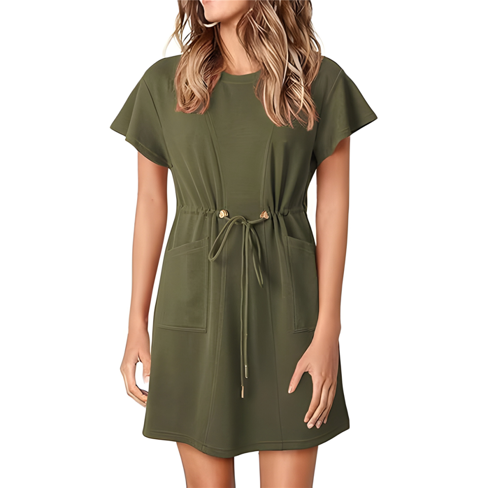 Robe courte décontractée à col rond et volants, manches courtes, coupe trapèze, avec poches, vert mousse, taille M, printemps-été 2025