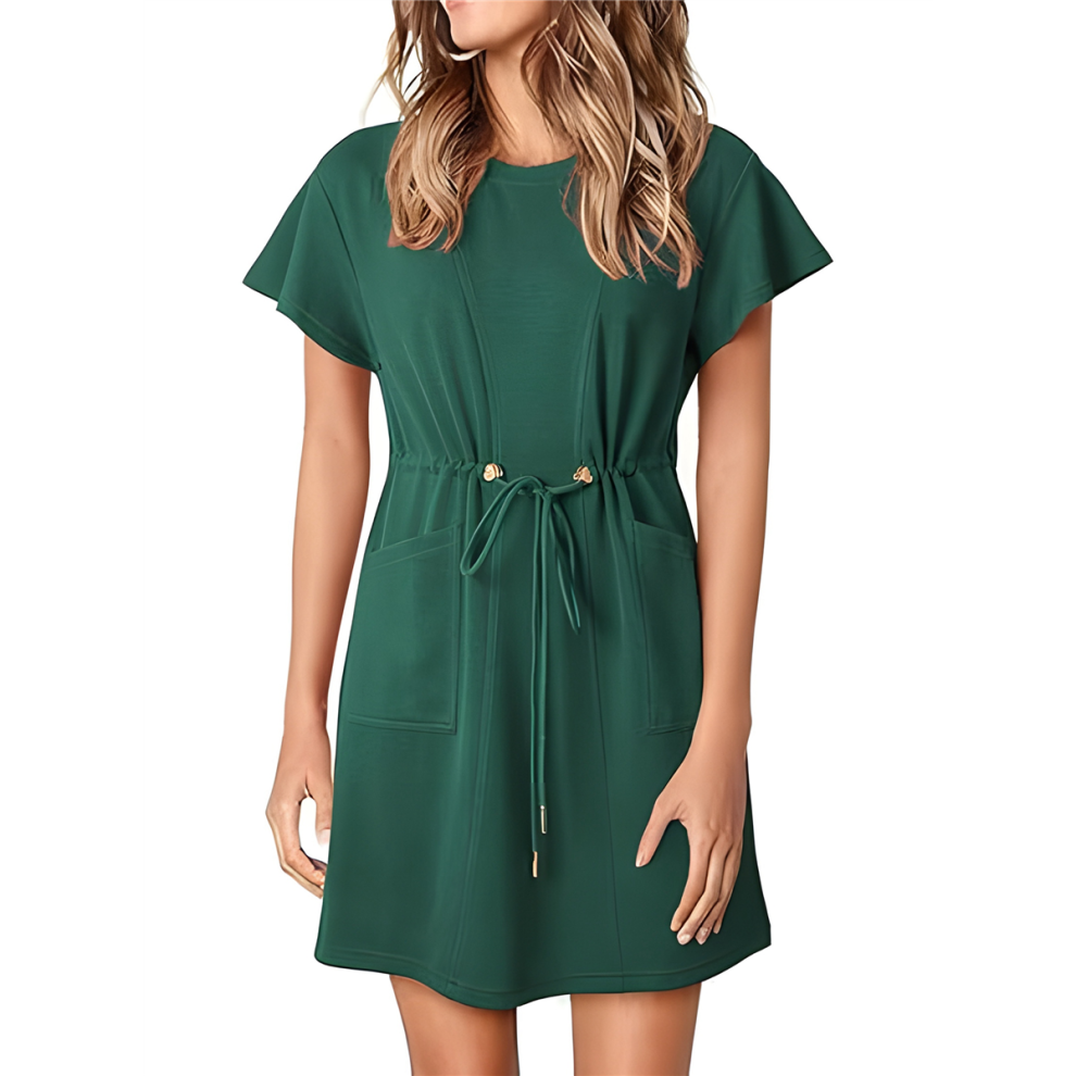 Robe courte fluide à col rond et volants pour femme, style printemps-été 2025, avec poches, noire et verte, taille XXL