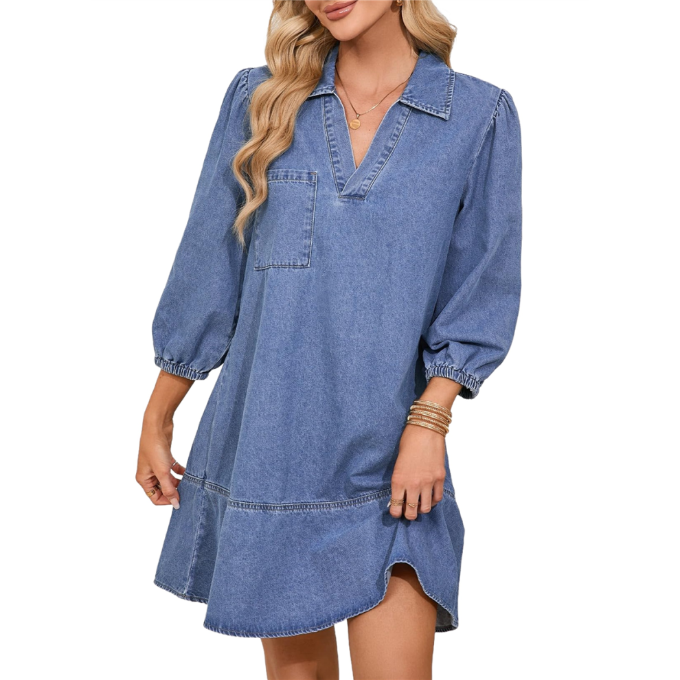 Robe en jean décontractée d'été pour femme, style babydoll 2025, col en V, manches 3/4 bouffantes, bleu marine, taille S