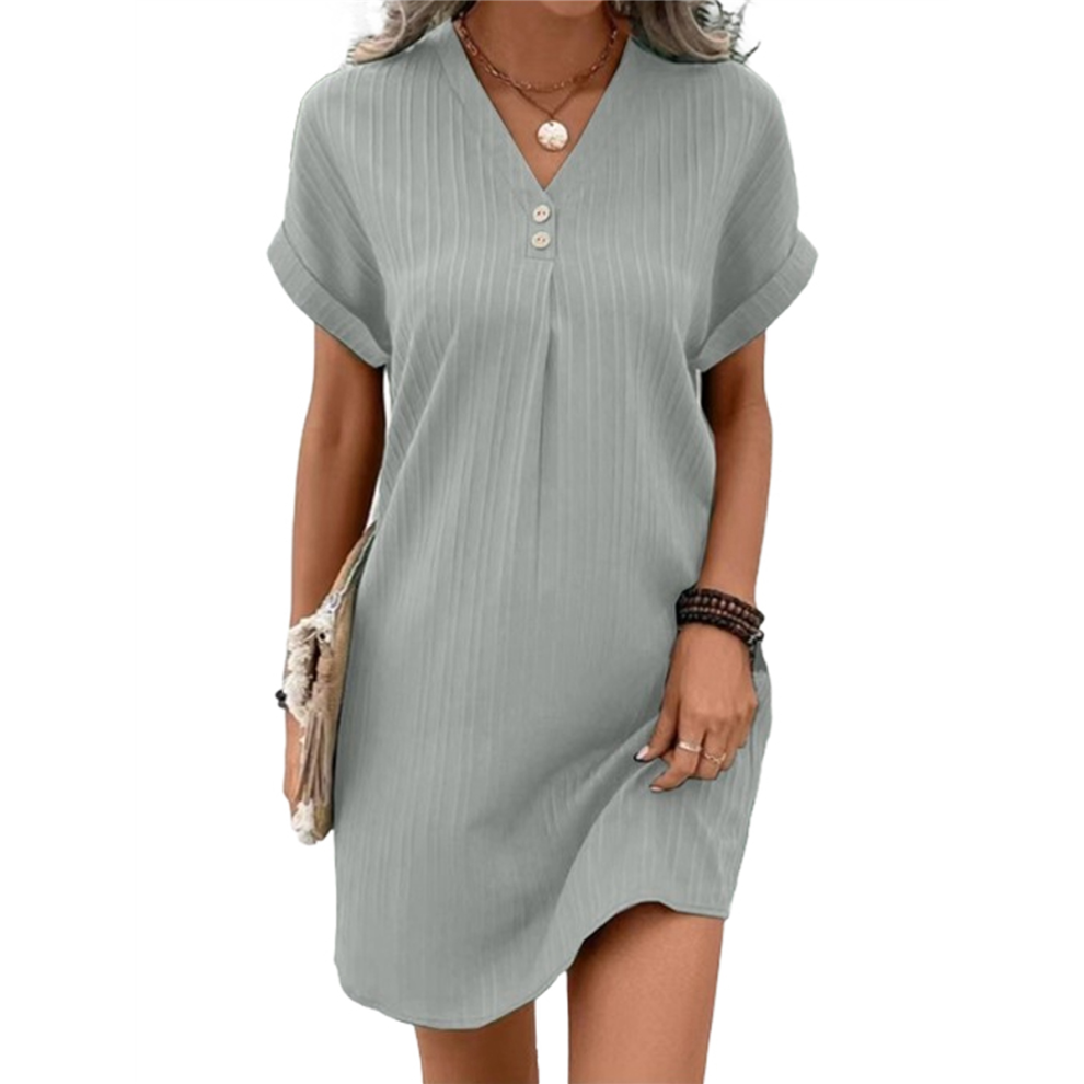 Robe chemise boutonnée d'été en coton et lin pour femme, col en V, mini, décontractée, manches courtes, tunique ample, gris clair, taille L